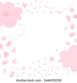 Pink linear and flat transparent overlaying cloud shape with dash round confetti star vector square frame illustration isolated on white background. Cute festal happy baby girl birthday party abstract