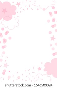 Pink linear flat transparent overlaying cloud shape with dash round confetti star vector vertical frame illustration isolated on white background. Festal baby girl birthday party abstract backdrop