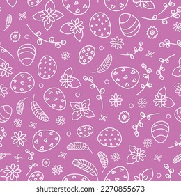 Pink Linear seamless background of Easter eggs and flowers and pussy willow