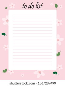 Pink lined note paper with sakura blossom and leaves,vector illustration.