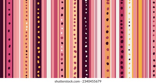 Pink lines, with dots on some stripes. Cute seamless pink stripes. For printing on pillows, notebooks, cups, interiors, packaging, clothes.