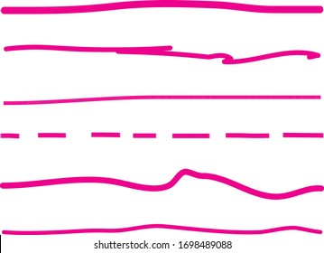 Pink lines hand drawn vector set isolated on white background. Collection of doodle lines, hand drawn template. Pink marker and grunge brush stroke lines, vector illustration