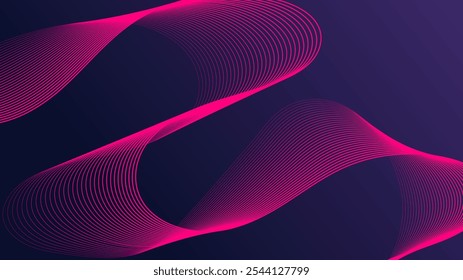 Linhas rosa em um fundo azul escuro, padrões de ondas abstratas, curvas fluidas suaves, linhas curvas formando ondas suaves, estilo abstrato minimalista.