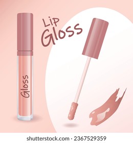 Brillo de labio rosado o lápiz labial líquido. Colocar el tubo de brillo de labios con una mancha de lápiz labial. Ilustración vectorial.