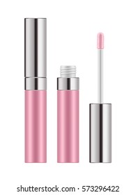 Pink lip gloss - mock-up of realistic package with brush. Decorative cosmetic product for beautiful glossy lip. Makeup lipgloss in bottle. Vector illustration isolated on white