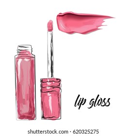 Pink lip gloss and smears lipstick on white background. Beauty and cosmetics background. Use for advertising flyer, banner, leaflet. Template Vector.