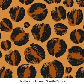 Pink lips abstract leopard seamless pattern. Seamless pattern with kiss and exotic wild animal spot silhouette. Vector stock seamless background