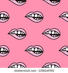 Pink lips biting doodle seamless pattern background.