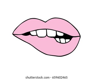 Pink lips biting, vector illustration doodle drawing. Isolated on white background.