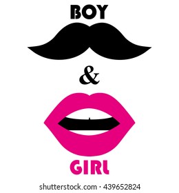 Pink lips and a black mustache.  Man and woman symbols on a white background