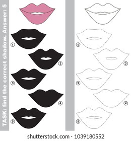 Pink Lips to find the correct shadow, the matching educational kid game to compare and connect objects and their true shadows, simple gaming level for preschool kids.