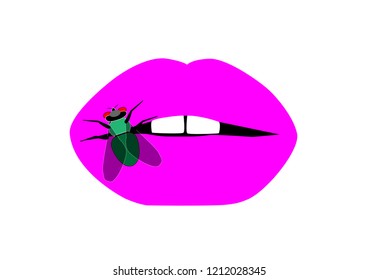 Pink lips with fly insect background icon