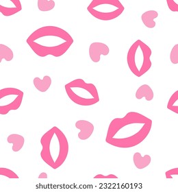 Los labios y corazones rosados hacen garabatos sin fisuras. Sencilla boca de plumón, leve sonrisa. Ilustración del vector aislada en fondo blanco