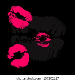 Pink lips imprints on black. Colorful contrast vector background for Your design