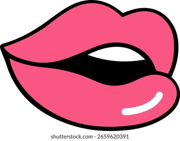 Labios rosados aislados en blanco. Arte de moda pop de dibujos animados brillante. Vector de dibujos animados dibujado a mano simple pegatina plana, icono o símbolo retro de los años 80 y 90. Dibujado a mano estilo funky viejo brillante