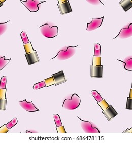 Pink lips and lipstick. Seamless pattern. Design for printing on fabrics or paper for decoration, gift wrapping.