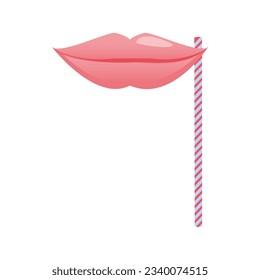 Pink lips mask on a stick. Photo booth props idea. Carnival costume party accessories. Fun wedding and birthday event celebration concept. Vector illustration on white background.