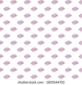 Pink lips. Mouths with teeth. Vector background. Seamless pattern.