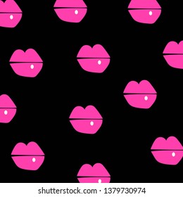 Pink lips on the black background. Vector pattern 