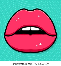 Los labios rosados sobre un fondo azul. Afiche de arte pop. Ilustración simple del vector