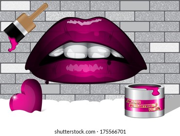 Pink lips on a gray brick wall