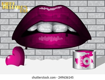 Pink lips on a gray brick wall and pink  heart