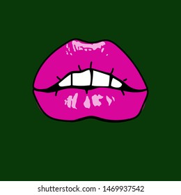 Pink lips on the green background. Vector illustration