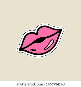 Pink lips on white background in doodle cartoon style. Isolated on white, for stickers, pins, badges, fashion embroidery, temporary tattoos. Hand-drawn illustration.