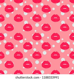 pink lips pattern in cartoon style on dots background for your design