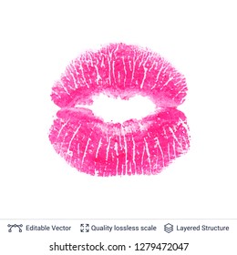 Pink lips print isolated on white background. Lipstick kiss stamp. Flat vector design element.