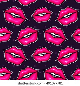 Pink lips seamless pattern. Gloss makeup. Female lips. Vector colorful illustration, Creative background. Fashion stylish wallpaper. Trendy and glamour design in vogue style. Bright repeat print.
