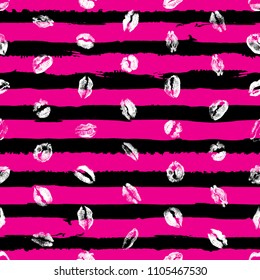 Pink lips seamless pattern on stripped background. Red Lips and grunge endless line prints wrapping paper. Kiss day, Valentine's background, Love fashion. Vector.