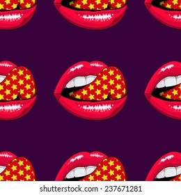 Pink lips seamless pattern on a background. Vector illustration.
