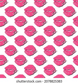 Pink lips seamless pattern. Sexy kisses. Hand-drawn vector background.