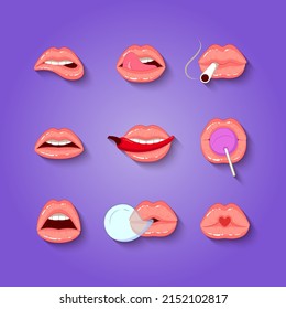 Pink lips set, female sexy mouth, Illustration drawn in the comics 3D style