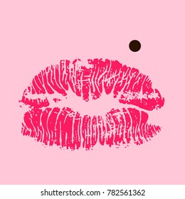 Pink lips track print. Stamp of mouth. Vector illustration.