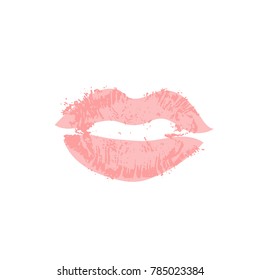 Pink lips track print. Stamp of mouth. Vector illustration.
