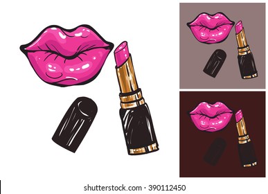 Pink lips vector fashion image. Label with glamour pink lips. Vogue beautiful pink lips. Isolated element on white, gray and dark background.