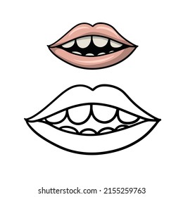 Pink lips with white teeth, cartoon vector illustration on a white background. A set of color and sketch drawings.