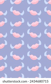 Pink lips and wings. Seamless vertical vector pattern. Repeating romantic ornament. Isolated purple background. Flat style. Pink lipstick. Air kiss. Seductive mouth. Cute print. Idea for web design.