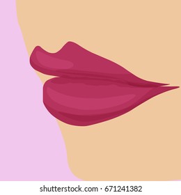 Pink lips. Woman's face. Vector illustration.