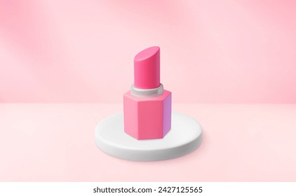 Objeto 3D de lápiz labial rosa ubicado en un podio sobre fondo rosa, ilustración vectorial realista. Plantilla para diseño de banners o posters de cosméticos y maquillaje.