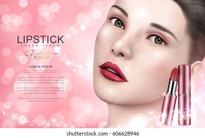 pink lipstick ad with model face, pink bokeh background 3d illustration