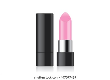 Pink lipstick and black case closed and opened isolated on white background.