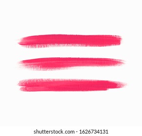 Pink lipstick brush paint texture stripes set isolated vector background. Acrylic stroke set.