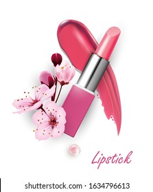 Pink lipstick with cherry blossoms, with a smear of lipstick.   Beauty and cosmetics background. Use for advertising flyer, banner, leaflet. Template Vector.