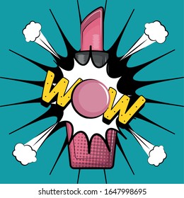 Pink lipstick with a comic expression. Pop art illustration - Vector