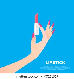 Pink lipstick and elegant women's hand. Cosmetic concept. Beauty product. Design vector illustration.