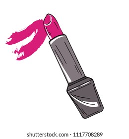Pink lipstick in grey pack with pink
stroke isolated on white background. Hand drawn vector illustration.