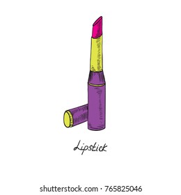 Pink lipstick, hand drawn doodle sketch in pop art style with inscription, isolated vector illustration